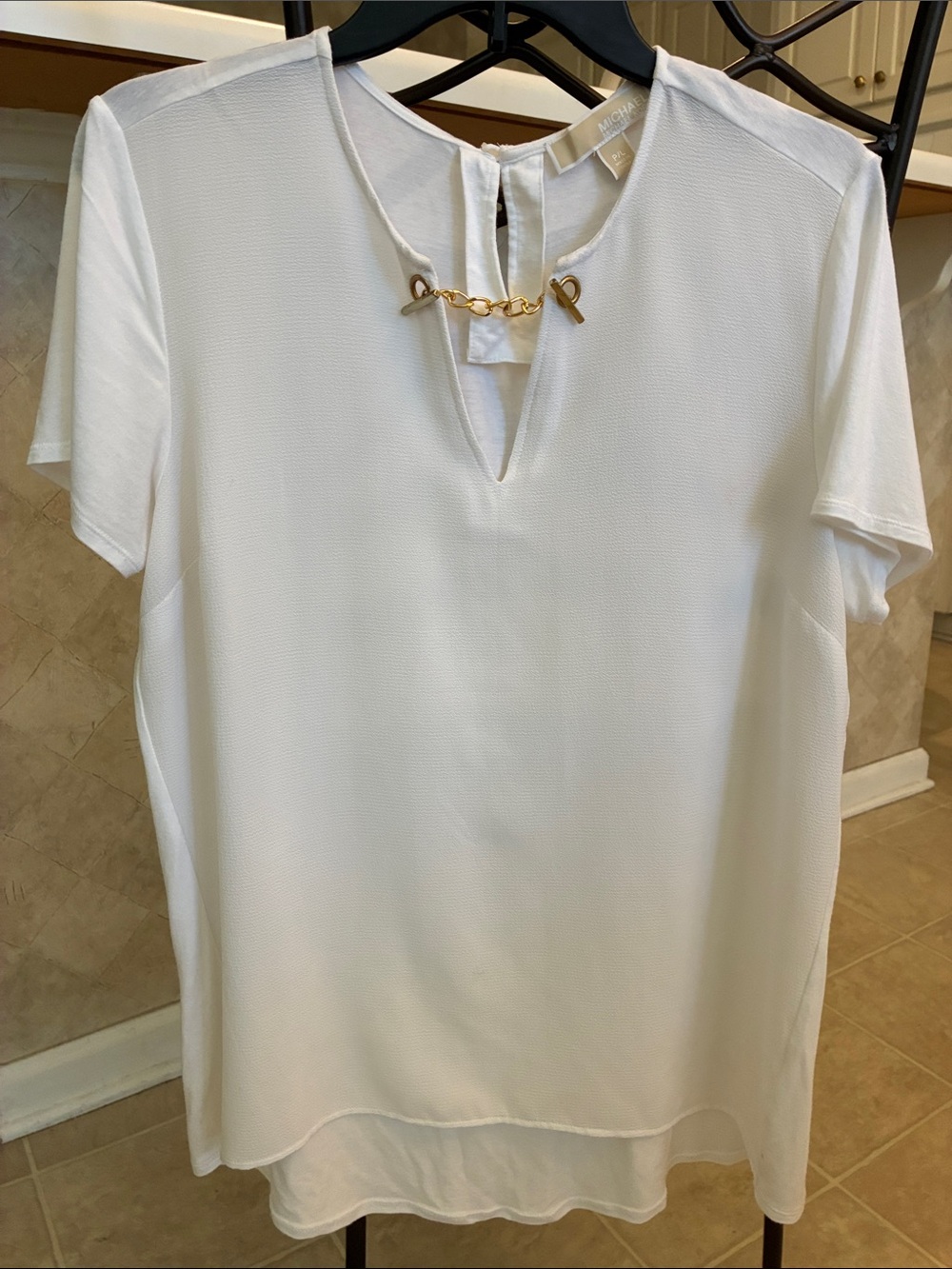 Michael Kors White Short-Sleeve Blouse with Gold Chain Detail
